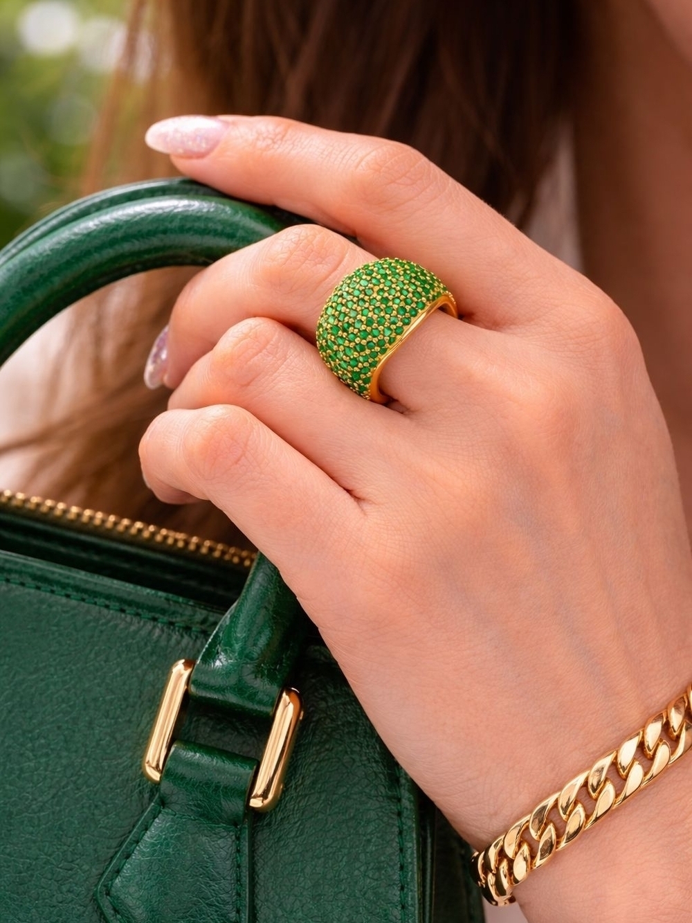 Gold Dome Ring with Emerald Green Pavé